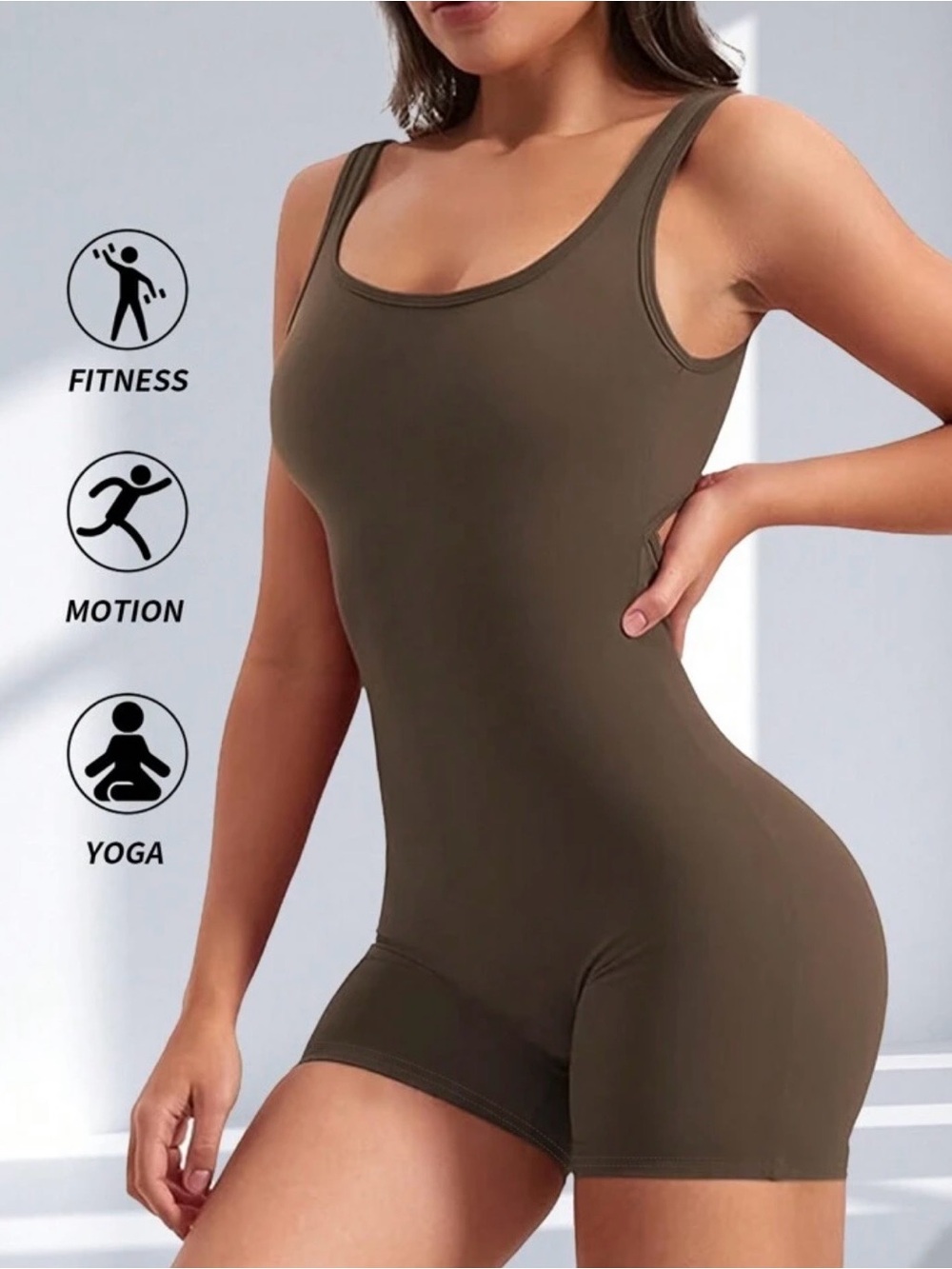 Brown Seamless Scoop-Neck Romper Bodysuit for Women